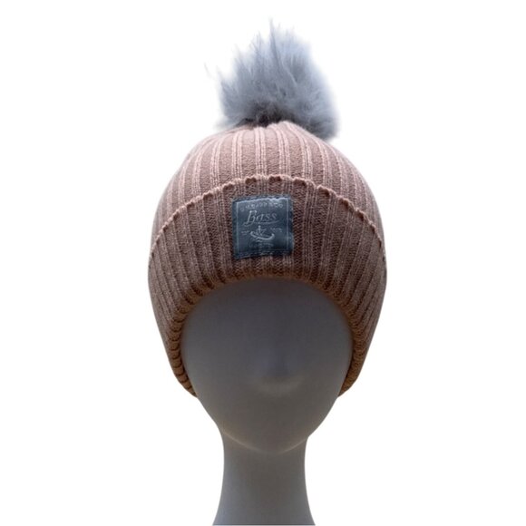 Womens Ribbed Knit Peach GH Bass and Co Beanie Hat With Faux Fur Pom One Size - Picture 3 of 8